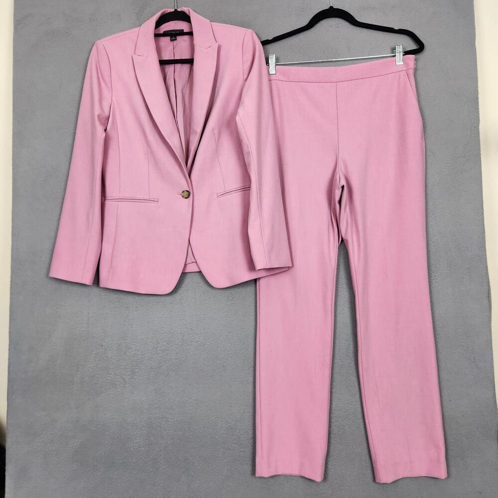 Ann Taylor Pant Suit Womens 8 Pink One Button Blazer Lined Stretch Career